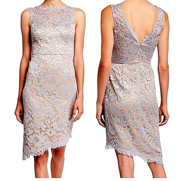 Eliza J Lace Asymmetrical Scalloped Hem Icy Blue Illusion Neckline Sheath Dress - Picture 1 of 15